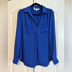 Rose and Olive long sleeve pull over blouse. V-neck. Blue. Medium